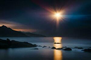 el Dom brilla terminado el Oceano y rocas generado por ai foto