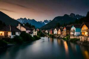 a river runs through a town at dusk. AI-Generated photo