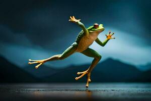 a frog jumping in the air with its legs spread. AI-Generated photo