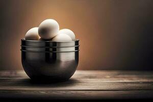 eggs in a metal bowl on a wooden table. AI-Generated photo