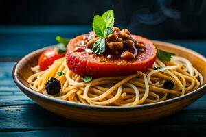 spaghetti with tomato and basil on a wooden table. AI-Generated photo