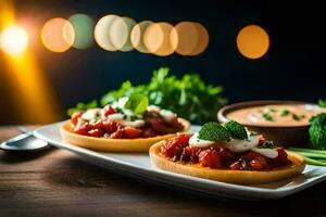 dos pequeño pizzas en un blanco plato con salsa y vegetales. generado por ai foto