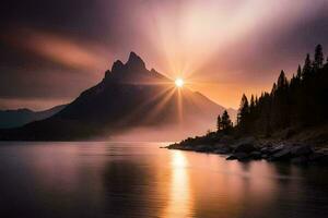 el Dom sube terminado un montaña y lago. generado por ai foto