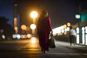 a woman in a red dress walks down the street at night. AI-Generated photo