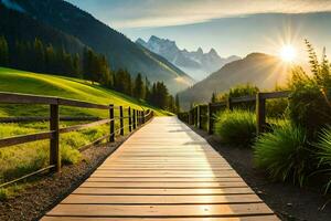 the sun rises over a wooden pathway in the mountains. AI-Generated photo