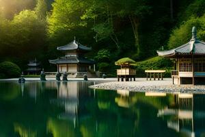 a pagoda sits on the edge of a lake in the forest. AI-Generated photo