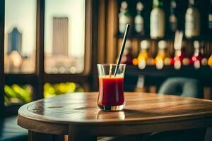 a glass of red liquid sitting on a wooden table. AI-Generated photo