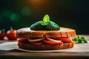 a sandwich with tomatoes, cheese and a green leaf. AI-Generated photo