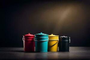 four colorful buckets on a dark background. AI-Generated photo