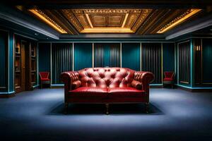 the room has blue walls and a red leather couch. AI-Generated photo