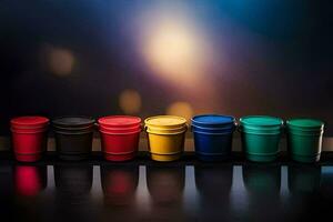 a row of colorful cups on a table. AI-Generated photo