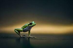 a frog is standing on a dark surface. AI-Generated photo