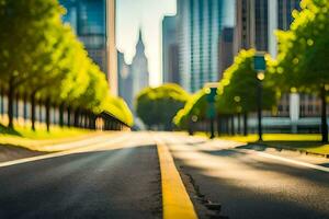 a city street with trees and buildings in the background. AI-Generated photo