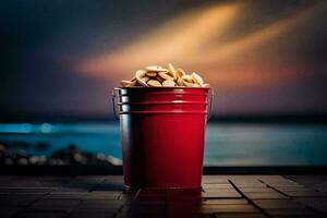 a red cup filled with peanuts sitting on a table. AI-Generated photo