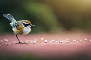 a small bird standing on the ground with pink flowers. AI-Generated photo