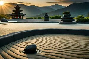 a zen garden with rocks and a pagoda in the background. AI-Generated photo