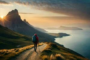 un persona con un mochila caminando en un sendero en frente de montañas. generado por ai foto