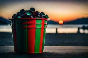 a bucket filled with plastic bottles on the beach. AI-Generated photo