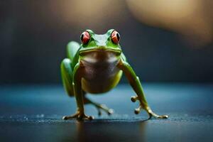 a frog with red eyes standing on a dark surface. AI-Generated photo