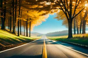 a road with trees and sun in the background. AI-Generated photo