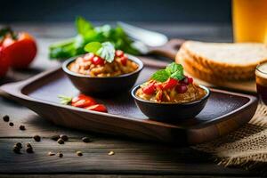 el comida es servido en un de madera mesa. generado por ai foto