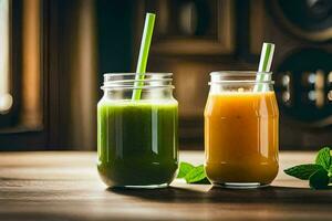 two mason jars with green and orange juice. AI-Generated photo