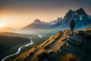 the man is standing on the edge of a cliff overlooking a valley. AI-Generated photo