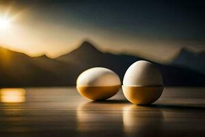 two eggs on a table with mountains in the background. AI-Generated photo