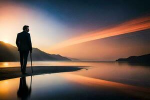 un hombre en un traje soportes en el apuntalar de un lago a puesta de sol. generado por ai foto