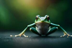 a frog is sitting on the ground with its legs spread. AI-Generated photo