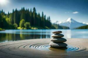 a stack of stones sits on the shore of a lake. AI-Generated photo