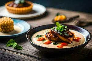 a bowl of soup with chicken and corn. AI-Generated photo