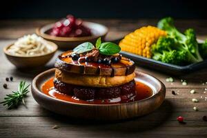 a plate of food with vegetables and sauce. AI-Generated photo
