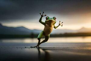 a frog jumping on the ground with its arms outstretched. AI-Generated photo