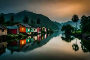 houses on the river at sunset with mountains in the background. AI-Generated photo