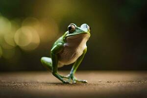 a frog is standing on its hind legs. AI-Generated photo