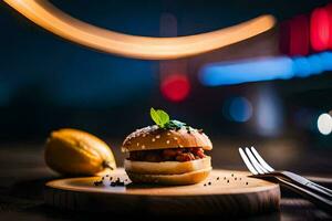 a burger on a wooden board with a fork and knife. AI-Generated photo