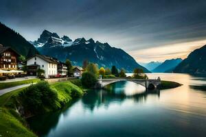 a bridge over a river in the mountains. AI-Generated photo