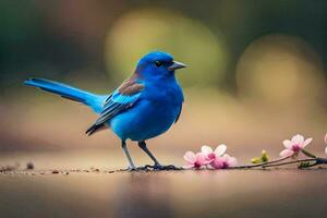 un azul pájaro es en pie en el suelo con rosado flores generado por ai foto