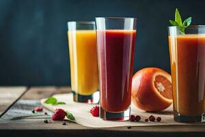 three glasses of juice with fruit and berries. AI-Generated photo