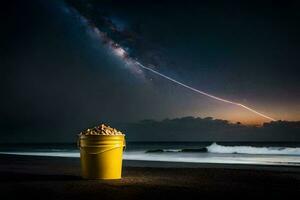 un Cubeta de miseria en el playa. generado por ai foto