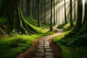 a path through a forest with trees and grass. AI-Generated photo