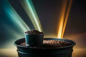 coffee beans in a bucket with light shining from the top. AI-Generated photo