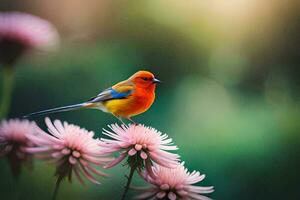 a colorful bird sits on top of pink flowers. AI-Generated photo