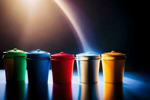 a row of colorful plastic cups on a dark surface. AI-Generated photo