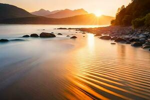 the sun is setting over a beach with rocks and trees. AI-Generated photo