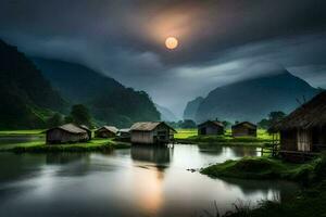 a full moon rises over a river and some huts. AI-Generated photo