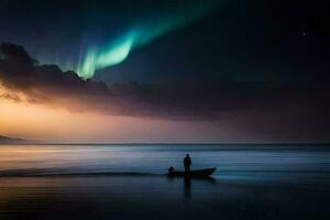 a man in a boat is silhouetted against the aurora borealis. AI-Generated photo