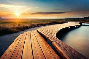 un de madera pasarela Guías a un cuerpo de agua a puesta de sol. generado por ai foto