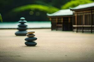 un zen jardín con piedras y un de madera casa. generado por ai foto